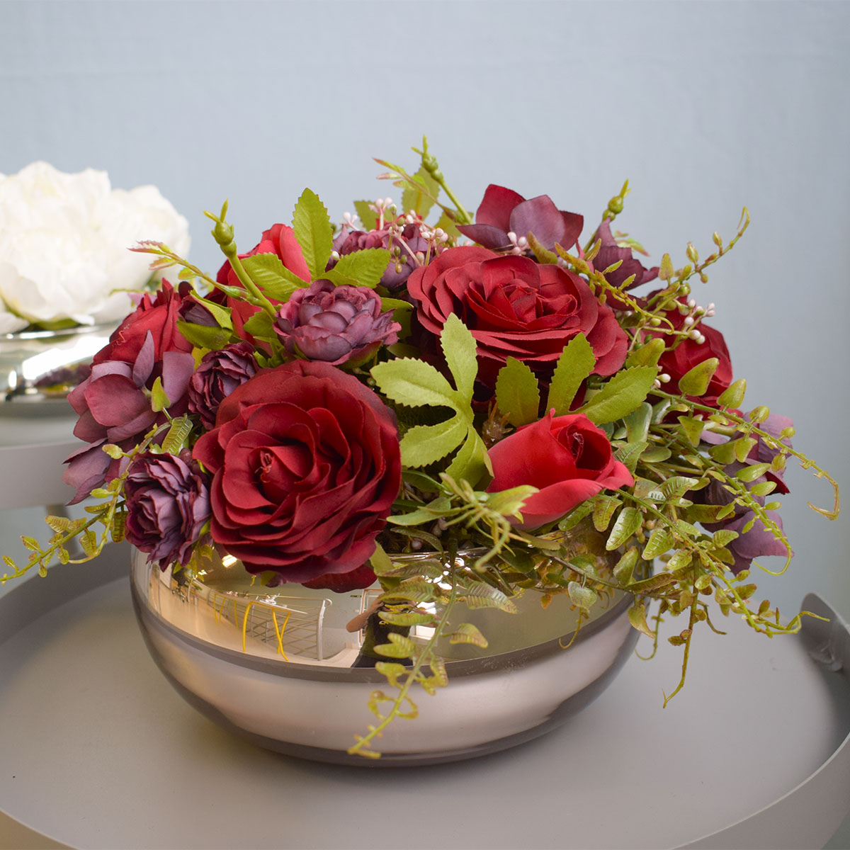 ideias de arranjos de flores baixos para mesa de jantar