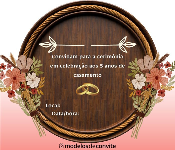 5 ideias criativas para celebrar as Bodas de Madeira
Como presentear no 5º aniversário de casamento
O significado por trás das Bodas de Madeira
Bodas de Madeira vs. Bodas de Ferro: Qual a diferença?
Planejando um jantar romântico para as Bodas de Madeira