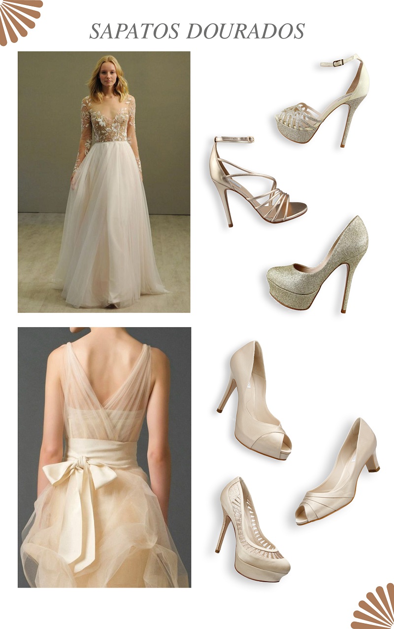 ideias sapatos para vestido noiva dourado
