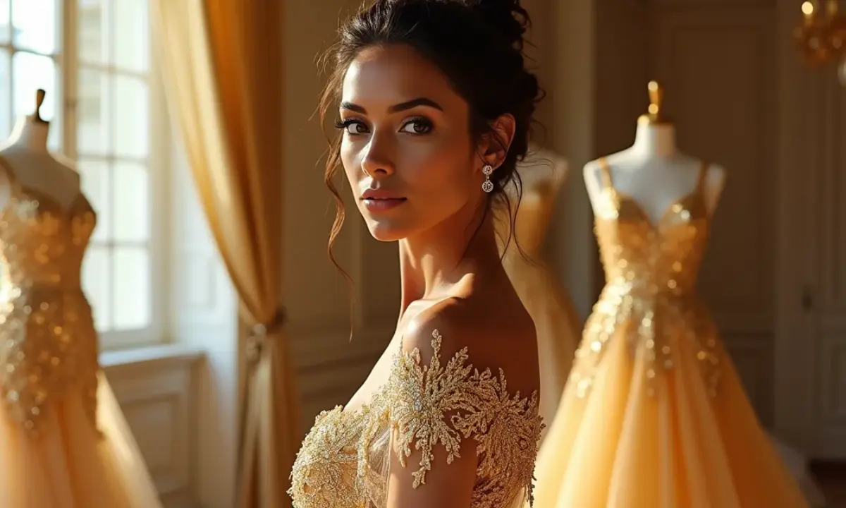 como escolher bordado assimétrico vestido noiva dourado