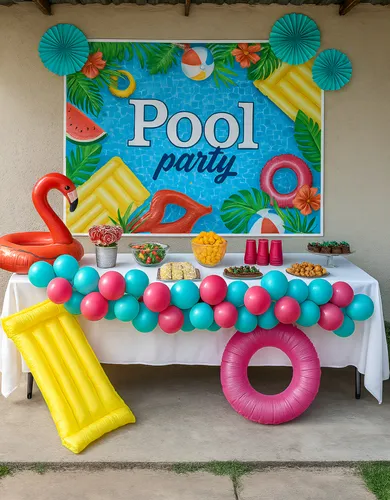 decoração de festa na piscina