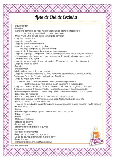 5 ideias de títulos:
1. Os 10 Utensílios Indispensáveis para o seu Chá de Panela
2. Como Montar a Lista Perfeita para o seu Chá de Cozinha
3. Dicas de Presentes Criativos para Chá de Panela
4. Organizando a Cozinha dos Sonhos: O que Pedir no Chá de Panela
5. Chá de Panela: Do Básico ao Essencial para sua Nova Casa
