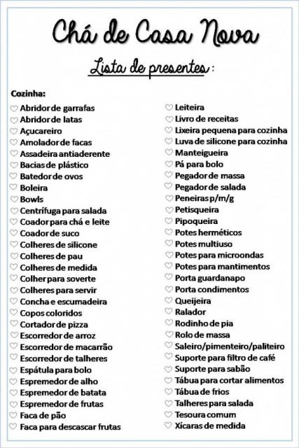 lista de presentes cha de casa nova
