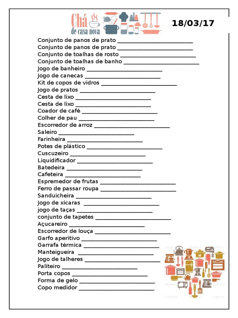 lista de presentes cha de casa nova