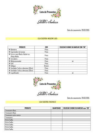 lista de presentes casamento para quem já mora junto