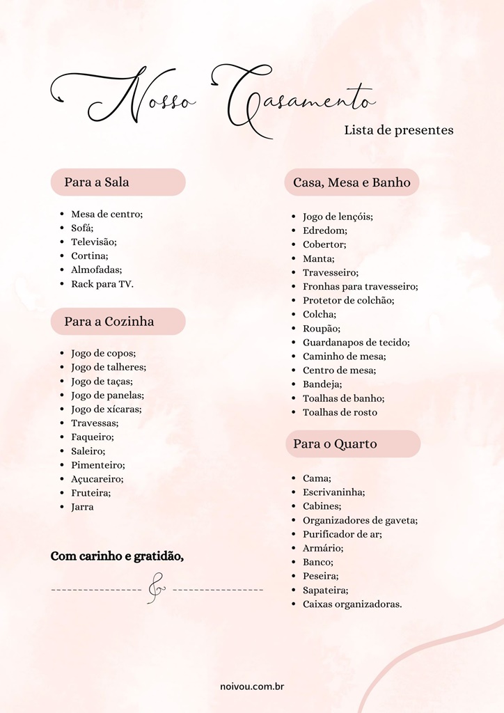 lista de presentes de casamento