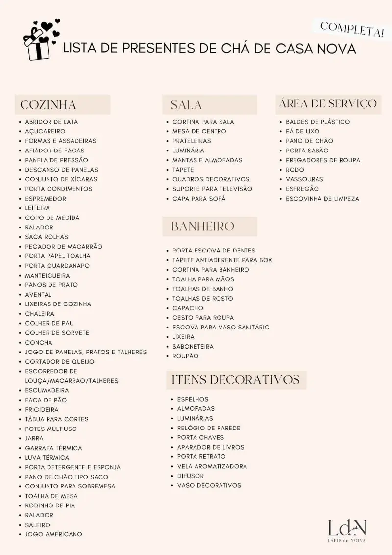 lista de presentes para cha de cozinha
