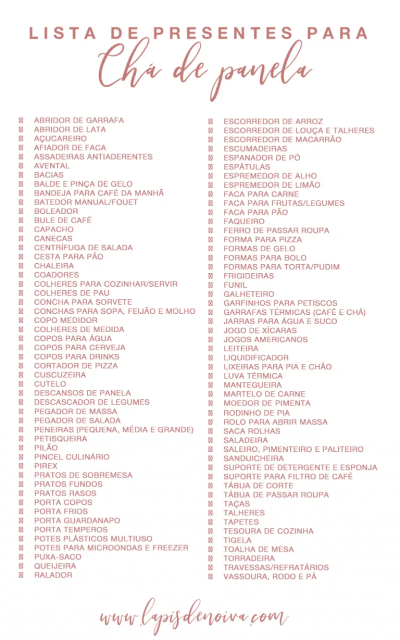 lista de presentes para cha de cozinha