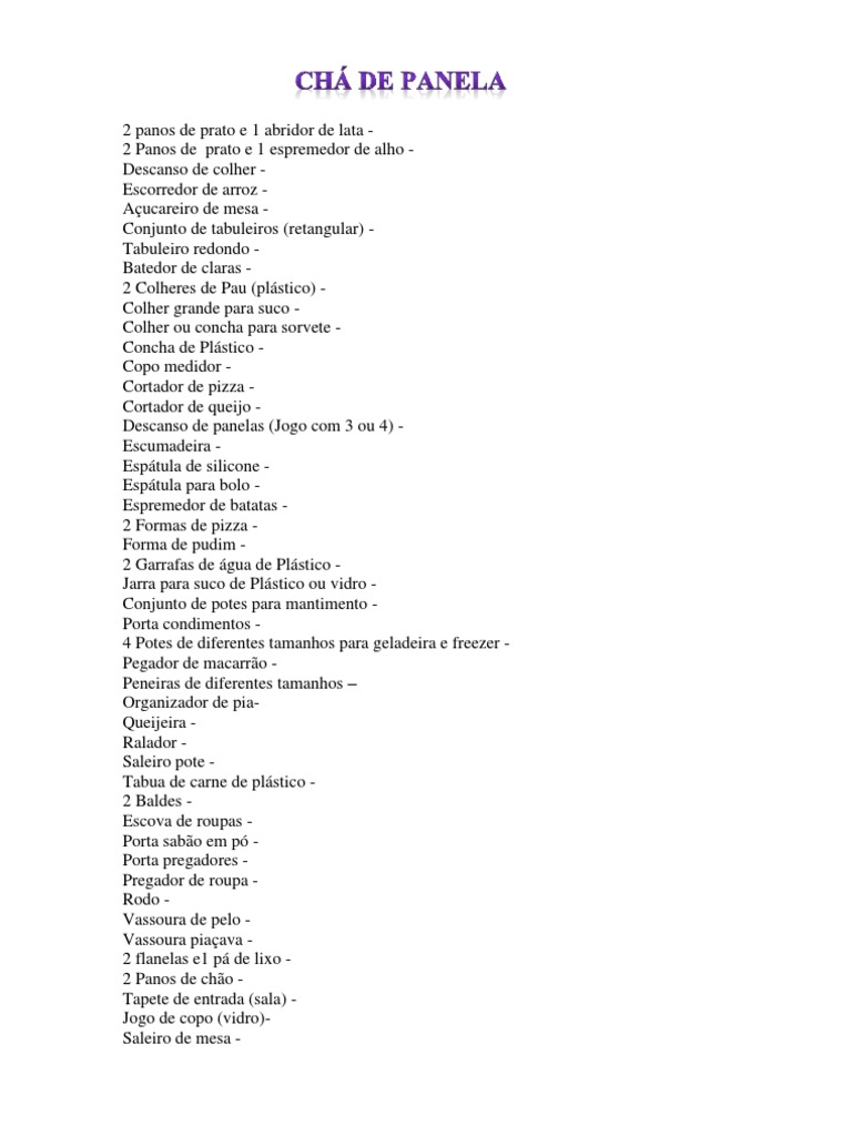 lista de presentes para cha de cozinha