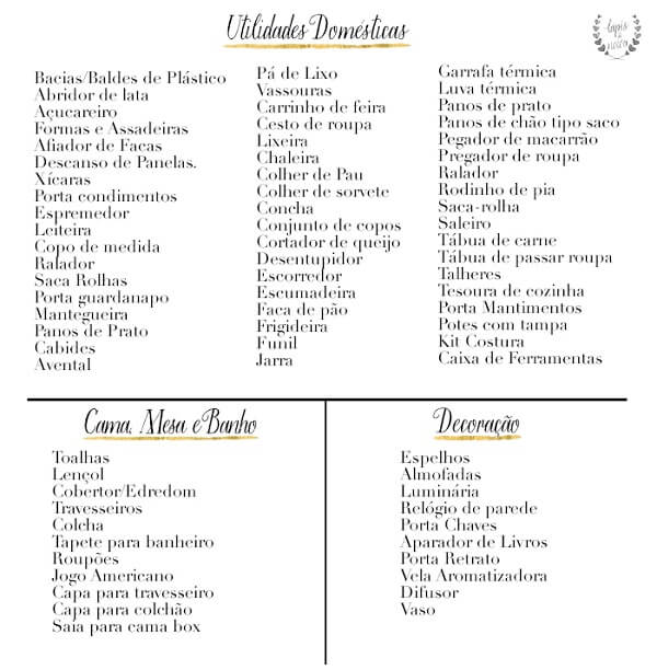 lista de presentes para cha de cozinha