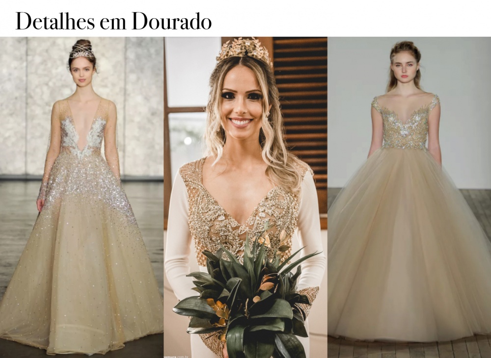 como combinar acessórios com vestido de noiva dourado sereia