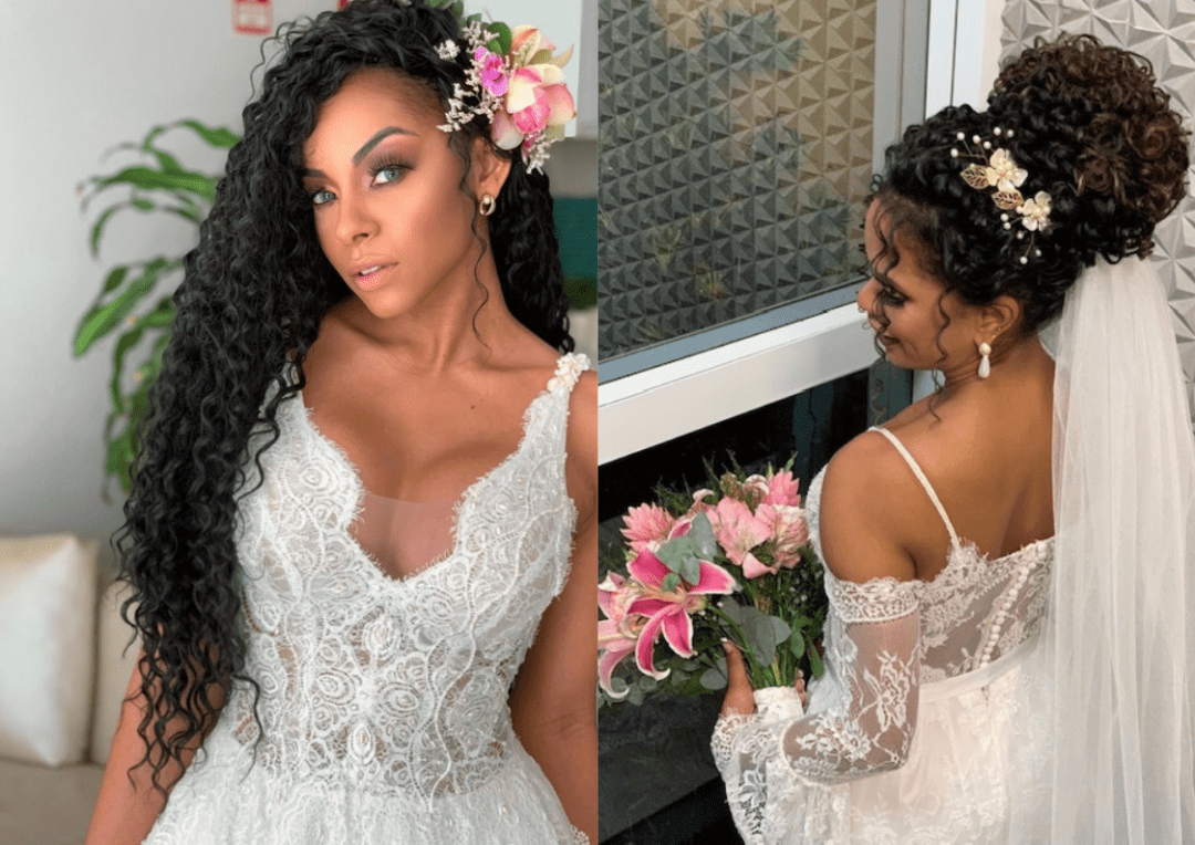 penteado semi preso vs coque para casamento cabelo cacheado