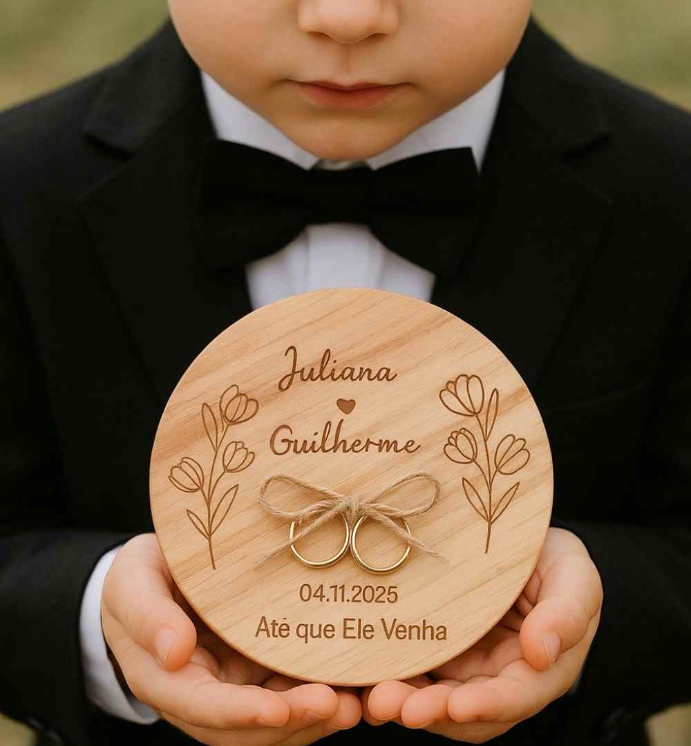 quanto custa um porta aliança rústico madeira personalizado