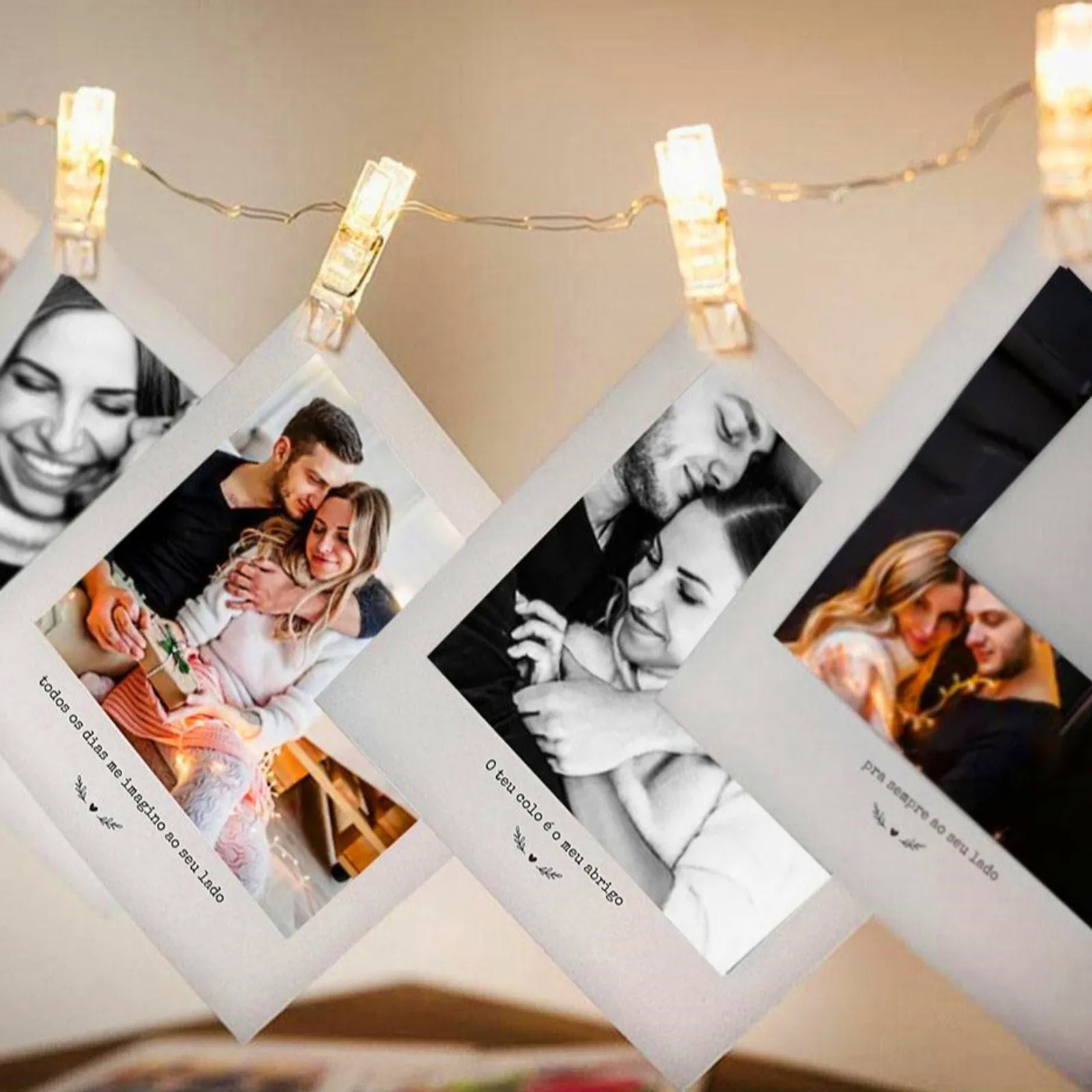 Varal de fotos com luzes
