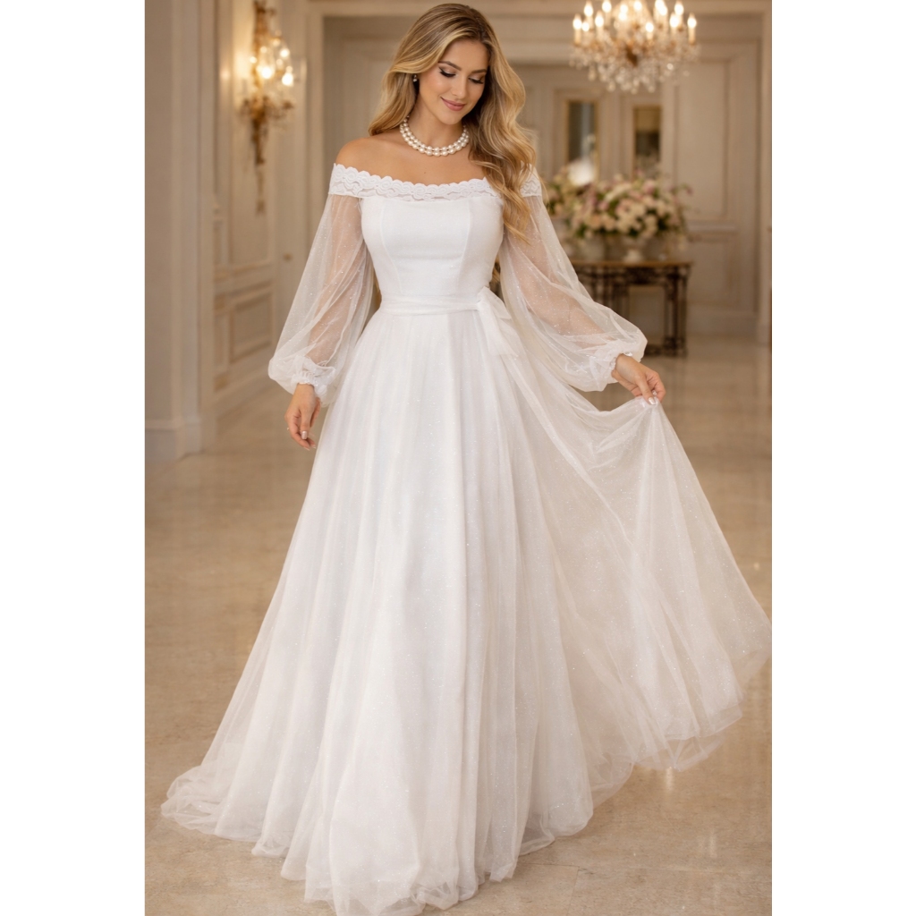 vestido de noiva com mangas bufantes removíveis para festa