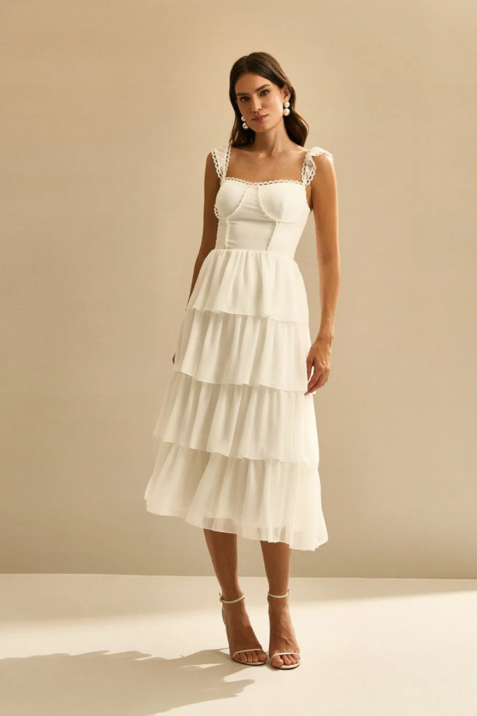 erros ao usar scarpin com vestido de noiva midi