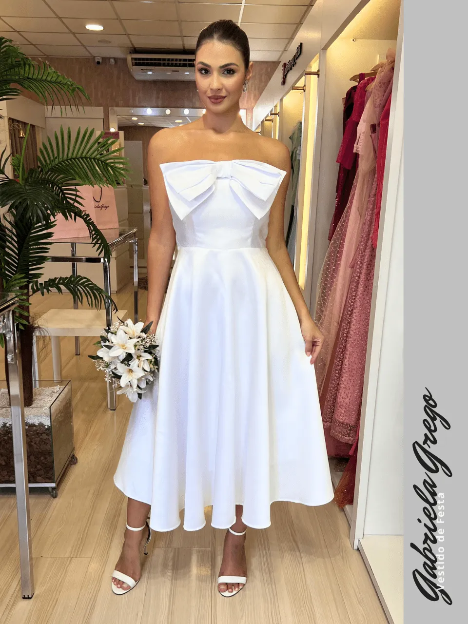 onde comprar vestido de noiva midi com scarpin branco