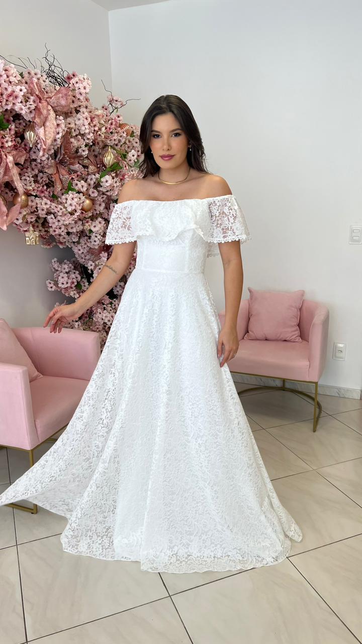 vestido de noiva ombro a ombro renda com tule