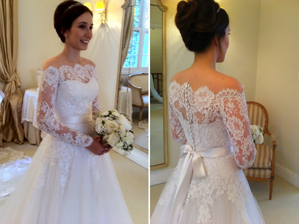 vestido de noiva ombro a ombro renda com flores 3D