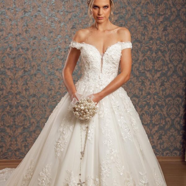 vestido de noiva ombro a ombro renda evasê