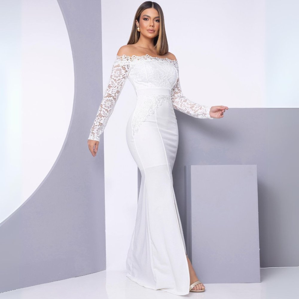 vestido de noiva ombro a ombro renda evasê