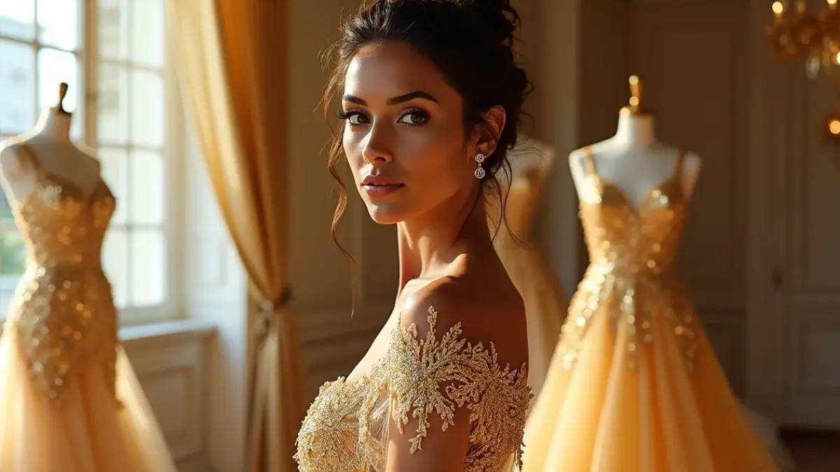 vestido noiva dourado com brilho ou detalhes em renda